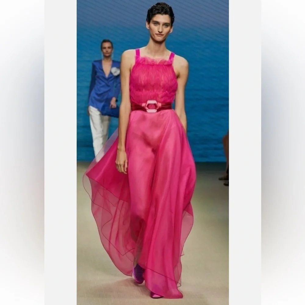 giorgio armani pink dress NWT GIORGIO ARMANI Runway S/S 2022 Pink Cutout Silk Organza Layered Gown Sz  42